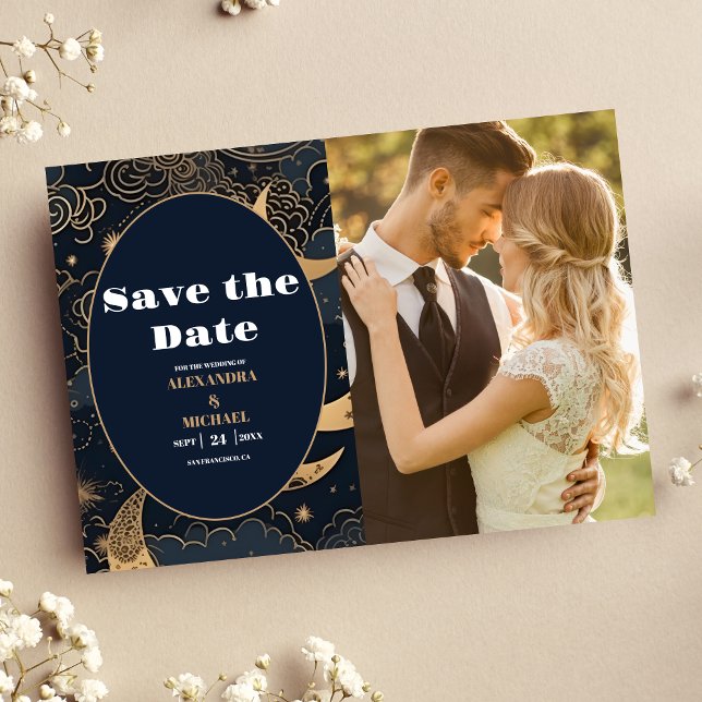 Save The Date Photo Mariage céleste d'or bleu nuit (Créateur téléchargé)