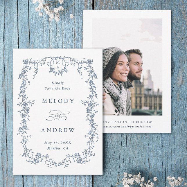 Save The Date Photo Mariage classique de couleur bleue victorien (Front & Back)