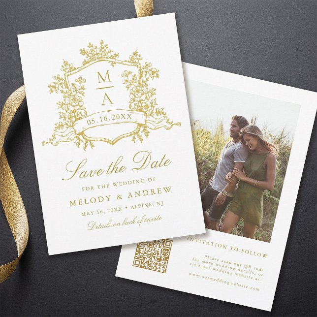 Save The Date Photo Mariage classique Floral Crest Gold (Front & Back)
