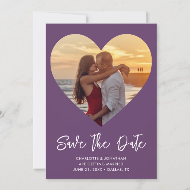 Save The Date Photo Mariage de coupure de coeur violet et blanc (Devant)