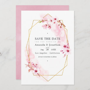 Save The Date Photo Mariage de fleurs de cerisier rose géométriq
