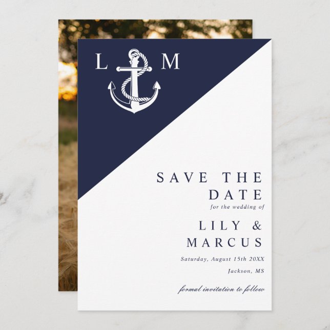 Save The Date Photo Mariage de Monogramme marin bleu (Devant / Derrière)