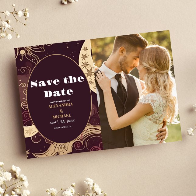 Save The Date Photo Mariage Élégant Bourgeon Doré Céleste (Créateur téléchargé)