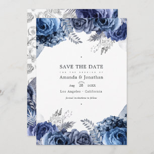 Save The Date Photo Mariage floral Marine et Argent Faux Foil
