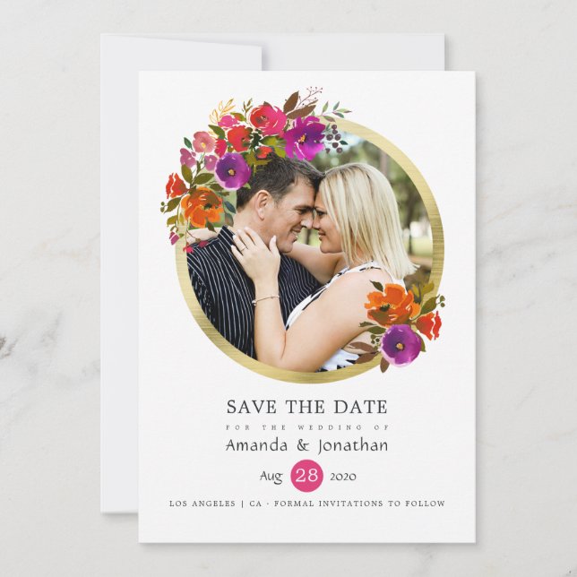 Save The Date Photo Mariage floral violet et orange (Devant)