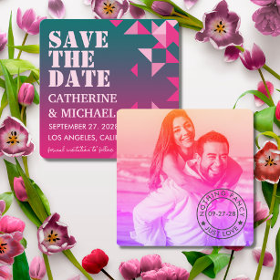 Save The Date Photo Mariage géométrique rose et vert coloré