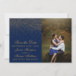 Save The Date Photo Mariage Marine Blue & Glam Gold Confetti