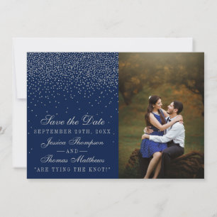 Save The Date Photo Mariage Marine Blue & Glam Silver Confetti