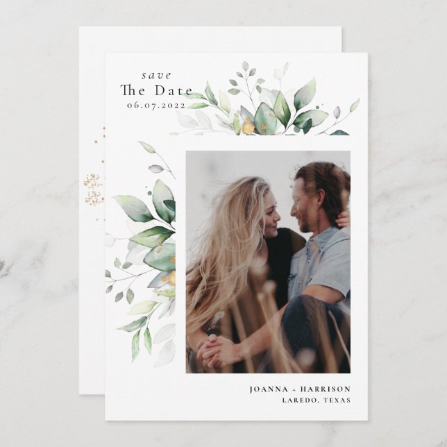 Save The Date Photo Mariage moderne Eucalyptus (Devant / Derrière)