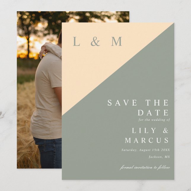 Save The Date Photo Mariage Sage Green Et Cream Monogram (Devant / Derrière)