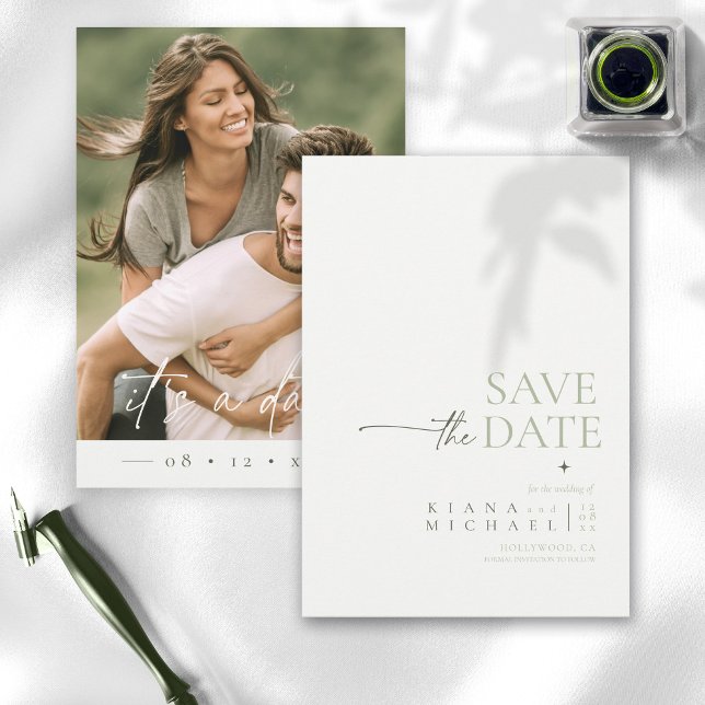 Save The Date Photo Mariage simple et chic Pearl White Vert ID10 (Créateur téléchargé)