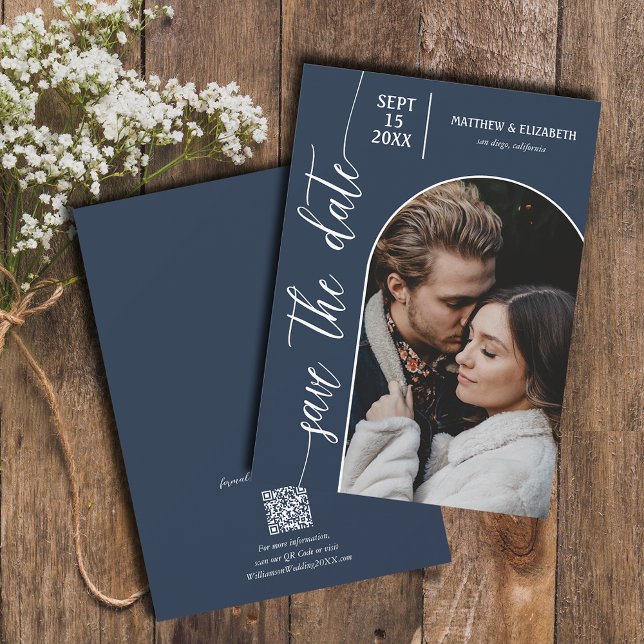 Save The Date Photo Marine Blue QR Code Mariage (Créateur téléchargé)