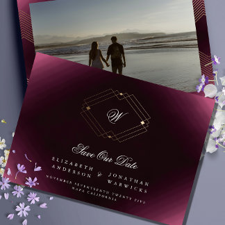 Save The Date photo maroon blanc classique déco or monogramme