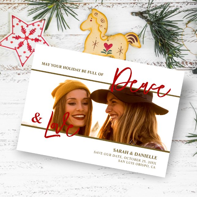Save The Date Photo Minimalist Chic Sophisticated Fake Gold Red  (Christmas Chic Sophisticated Gold & Red Accents Photo Wedding Save the Date Card as a Holiday Card.)