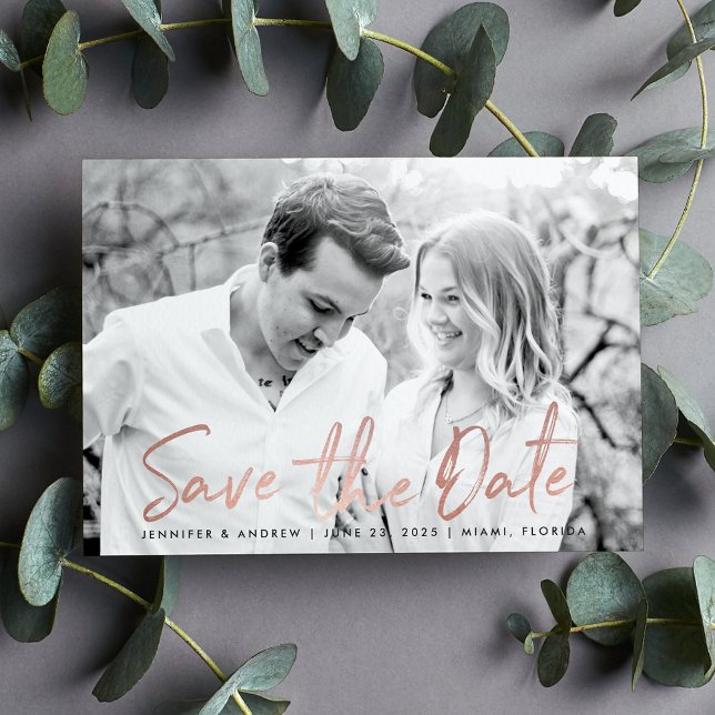 Save The Date Photo moderne en marbre blanc et or rose (Créateur téléchargé)