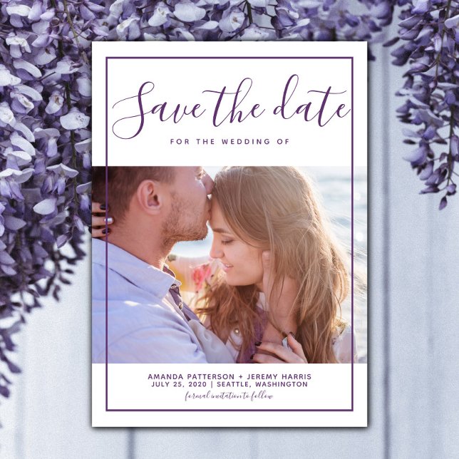 Save The Date Photo moderne encadrée Enregistrer la date Invitat (Purple Modern Framed Photo Save the Date)