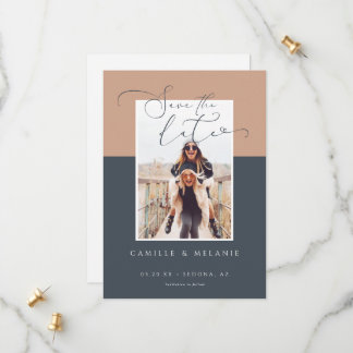 Save The Date Photo moderne, minimaliste élégante Marine & Tan T