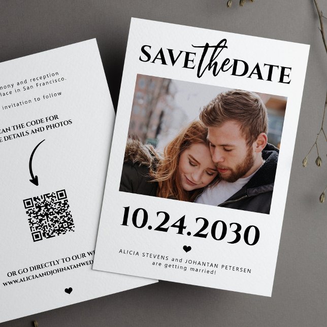 Save The Date Photo moderne QR code noir et blanc mariage (Créateur téléchargé)