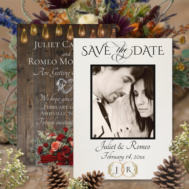 Save The Date Photo, monogramme Roses & Feuille - Rouge (Créateur téléchargé)
