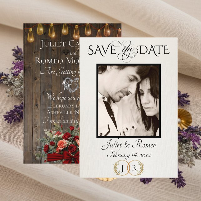 Save The Date Photo, monogramme Roses & Feuille - Rouge (Créateur téléchargé)