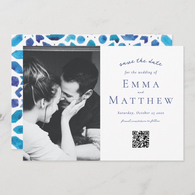 Save The Date Photo Motif en carreaux bleus avec QR (Devant / Derrière)
