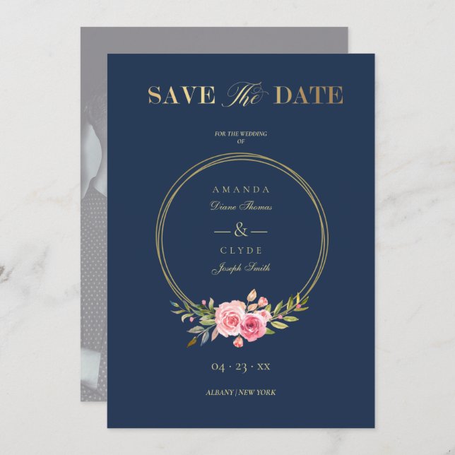 Save The Date Photo Navy Elegant Pink Garland Wreath Wedding (Devant / Derrière)