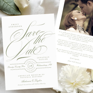Save The Date Photo officielle Sage Green Calligraphie Cravate n