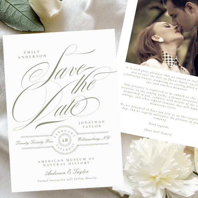 Save The Date Photo officielle Sage Green Calligraphie Cravate n (Créateur téléchargé)