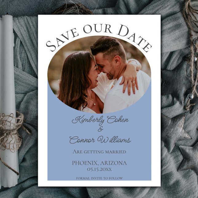 Save The Date Photo ovale simple Enregistrer la date | Dusty Blu (Dusty Blue Simple Oval Photo Save the Date)