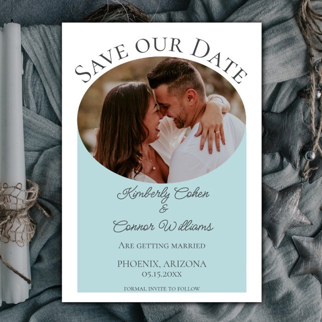 Save The Date Photo ovale simple Réservez (Teal Simple Oval Photo Save the Date)
