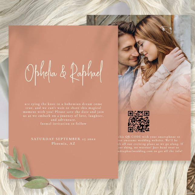 Save The Date Photo Overlay Script QR Boho Mariage Terracotta (Front and back view)