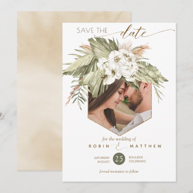 Save The Date Photo Palm Feuille Floral Cream Aquarelle (Devant / Derrière)
