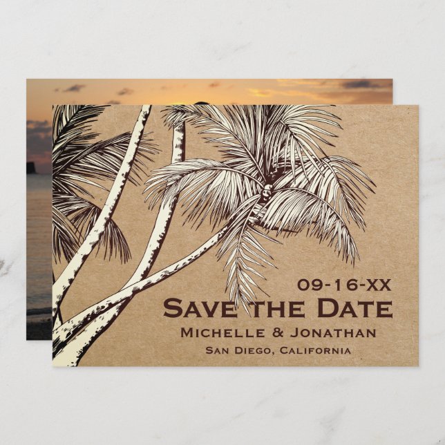 Save The Date PHOTO Palm Tree Beach Tropical Mariage (Devant / Derrière)