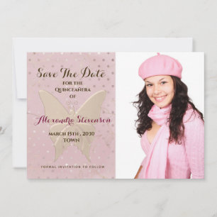 Save The Date Photo Papillon rose et or Quinceanera