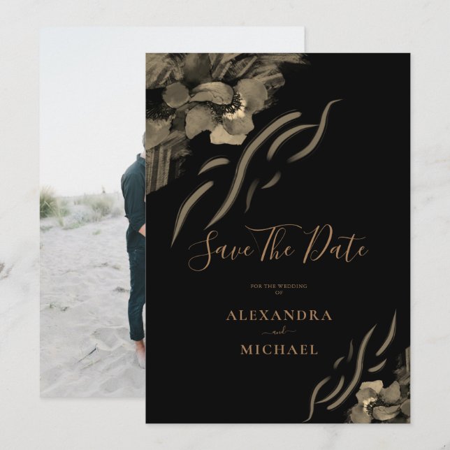 Save The Date Photo personnalisée Fleurs Iris dorées Mariage noi (Devant / Derrière)