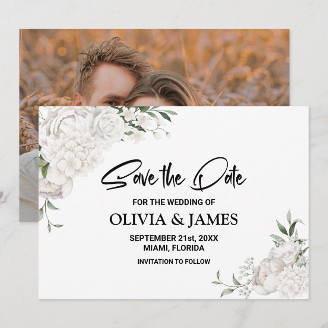 Save The Date Photo personnalisée Mariage floral blanc (Devant / Derrière)