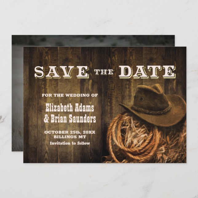Save The Date Photo personnalisée Mariage occidental en bois rus (Devant / Derrière)