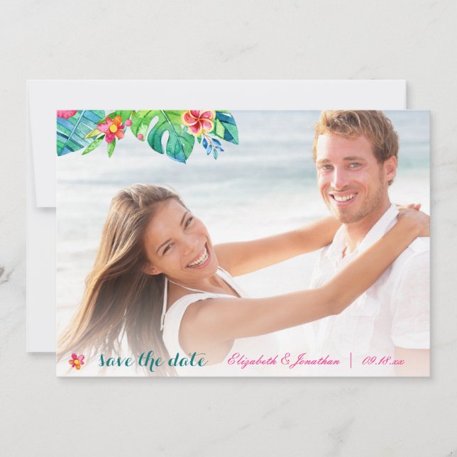 Save The Date Photo Plage Tropicale Berry Pink Turquoise Floral  (Devant)