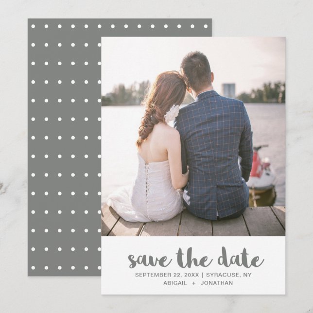 Save The Date Photo Pois gris et blanc simple (Devant / Derrière)