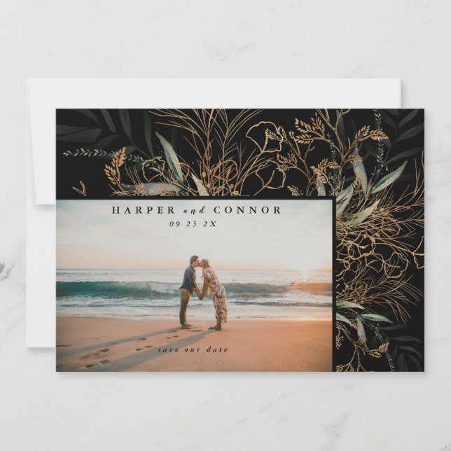 Save The Date Photo Premium Black Elegant Boho Sage Eucalyptus P (Devant)