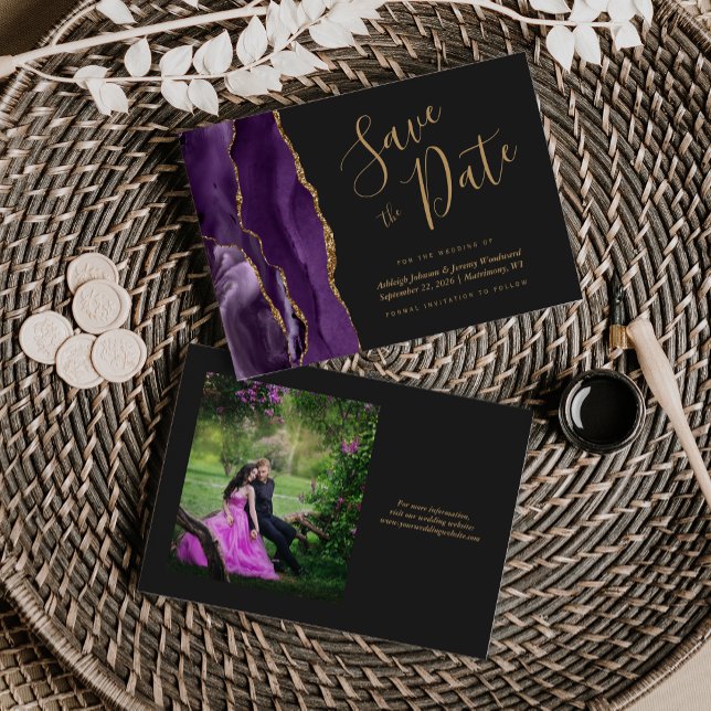 Save The Date Photo Purple Gold Agate Dark Wedding Enregistrer l (Créateur téléchargé)