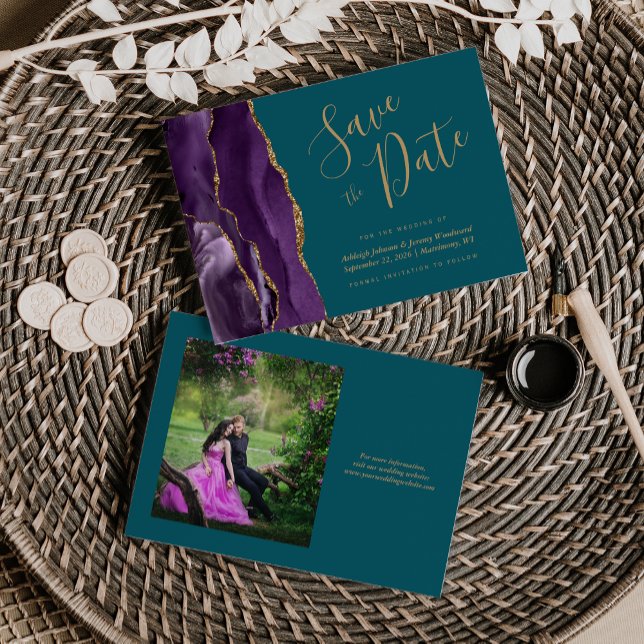 Save The Date Photo Purple Gold Agate Mariage Turquoise Enregist (Créateur téléchargé)
