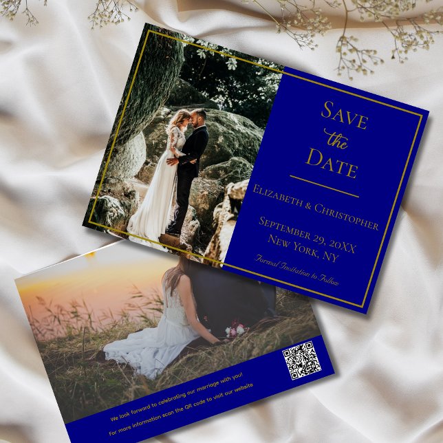Save The Date Photo QR Code Marine Blue Gold Mariage élégant (Photo QR Code Navy Blue and Gold Wedding Save the Date. Elegant Formal Traditional Classic)
