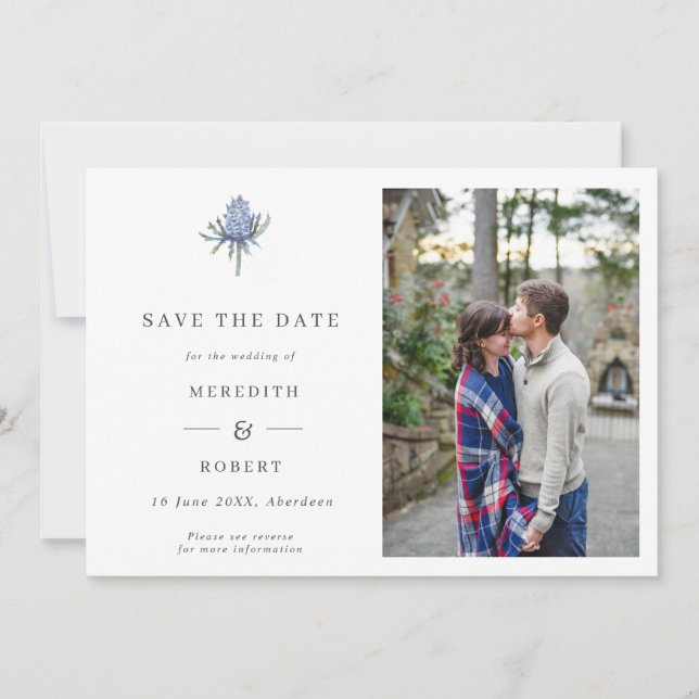 Save The Date Photo QR simple Mariage de chardon d'aquarelle ble (Devant)