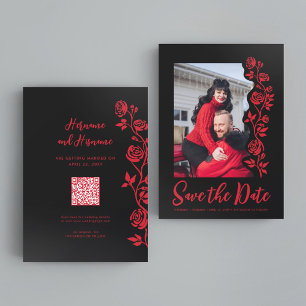Save The Date Photo Red Black Main tiré Rose QR Code Site Web