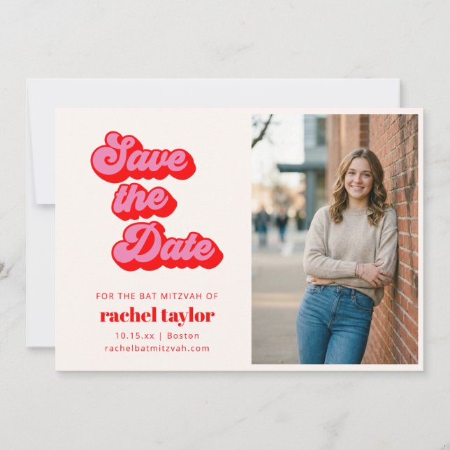 Save The Date Photo Rétro Rose Rouge de Bat Mitzvah (Devant)