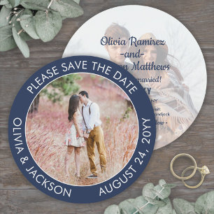 Save The Date Photo Rond Unique Moderne Mariage Bleu Nuit Blanc