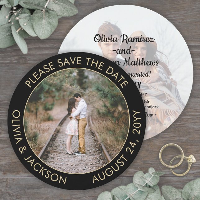 Save The Date Photo Rond Unique Moderne Mariage Noir et Or (Créateur téléchargé)