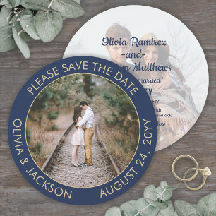Save The Date Photo ronde unique moderne Marine Mariage bleu & o