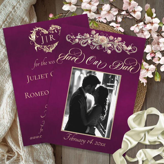 Save The Date Photo, Roses & Monogram - Prune (Créateur téléchargé)